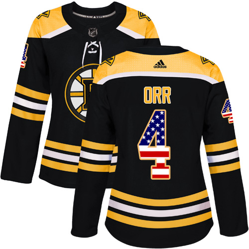 Adidas Bruins #4 Bobby Orr Black Home Authentic USA Flag Women's Stitched NHL Jersey